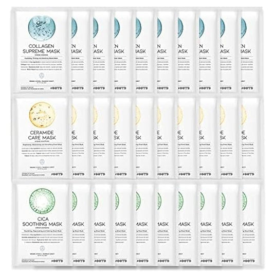 Hydrating Soothing Sheet Masks Gift Set for Skincare, Korean Vegan Sheet Mask for Dry, Sensitive Skin, Calming, Smoothing, Brightening, Collagen, Ceramide, Cica, Hyaluronic Acid 30EA-FlexoryFit