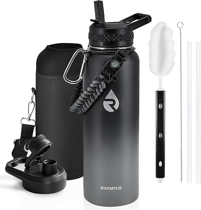 Insulated Water Bottle 40 oz, Triple Wall Vacuum Stainless Steel (Cold for 48 Hrs), Leak Proof & Non-BPA, Modern Water Flask Jug with Paracord Handle & Straw Spout Lids, Dark Grey-FlexoryFit