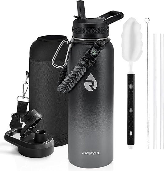 Insulated Water Bottle 40 oz, Triple Wall Vacuum Stainless Steel (Cold for 48 Hrs), Leak Proof & Non-BPA, Modern Water Flask Jug with Paracord Handle & Straw Spout Lids, Dark Grey-FlexoryFit