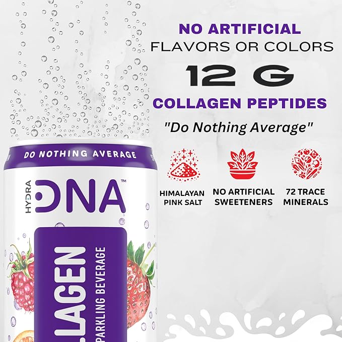 HYDRADNA- Sparkling Liquid Collagen Protein Water Drink Balanced Nutrients for Wellness - Sugar-Free - Keto-Friendly - No Gluten (12 Pack) Berry Punch-FlexoryFit