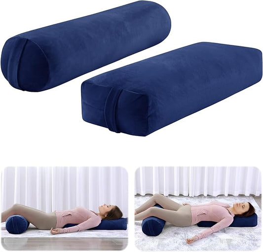 ROYALAY 2 Pcs Yoga Bolster Pillow for Restorative Yoga, Rectangular and Cylinder Meditation Pillow Set with Carrying Handles, Supportive Cushion for Exercise Workout Stretching Meditation,Dark Blue-FlexoryFit