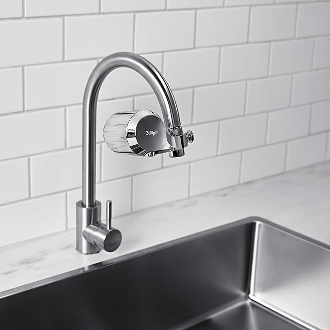 Culligan CULFMCH Faucet Mount Water Filter - Chrome Water Filter for Sink Faucet Reduces Microplastics & Reduces Chlorine, Easy Installation Filtration System for Clean Tap Drinking