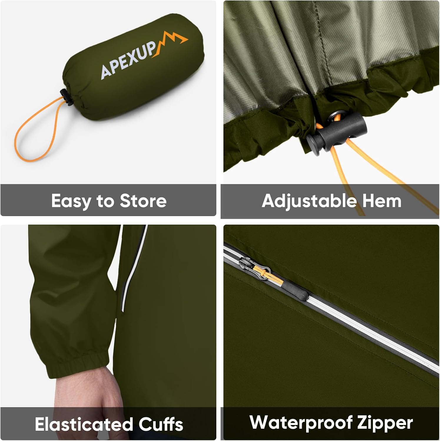 APEXUP Packable Rain Jacket Men with Reflective Zipper, Lightweight Waterproof Raincoat, Mens Rain Jacket for Outdoor Sports
