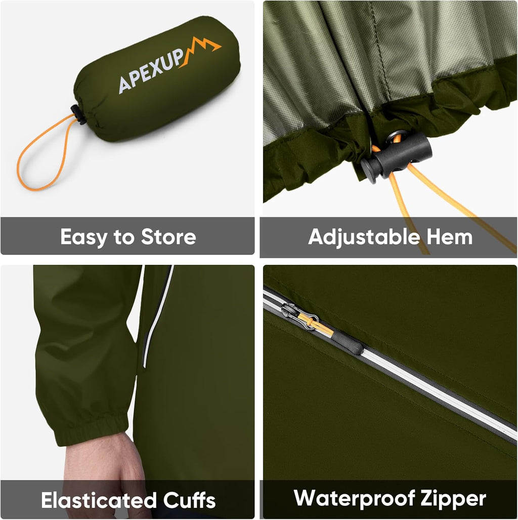 APEXUP Packable Rain Jacket Men with Reflective Zipper, Lightweight Waterproof Raincoat, Mens Rain Jacket for Outdoor Sports