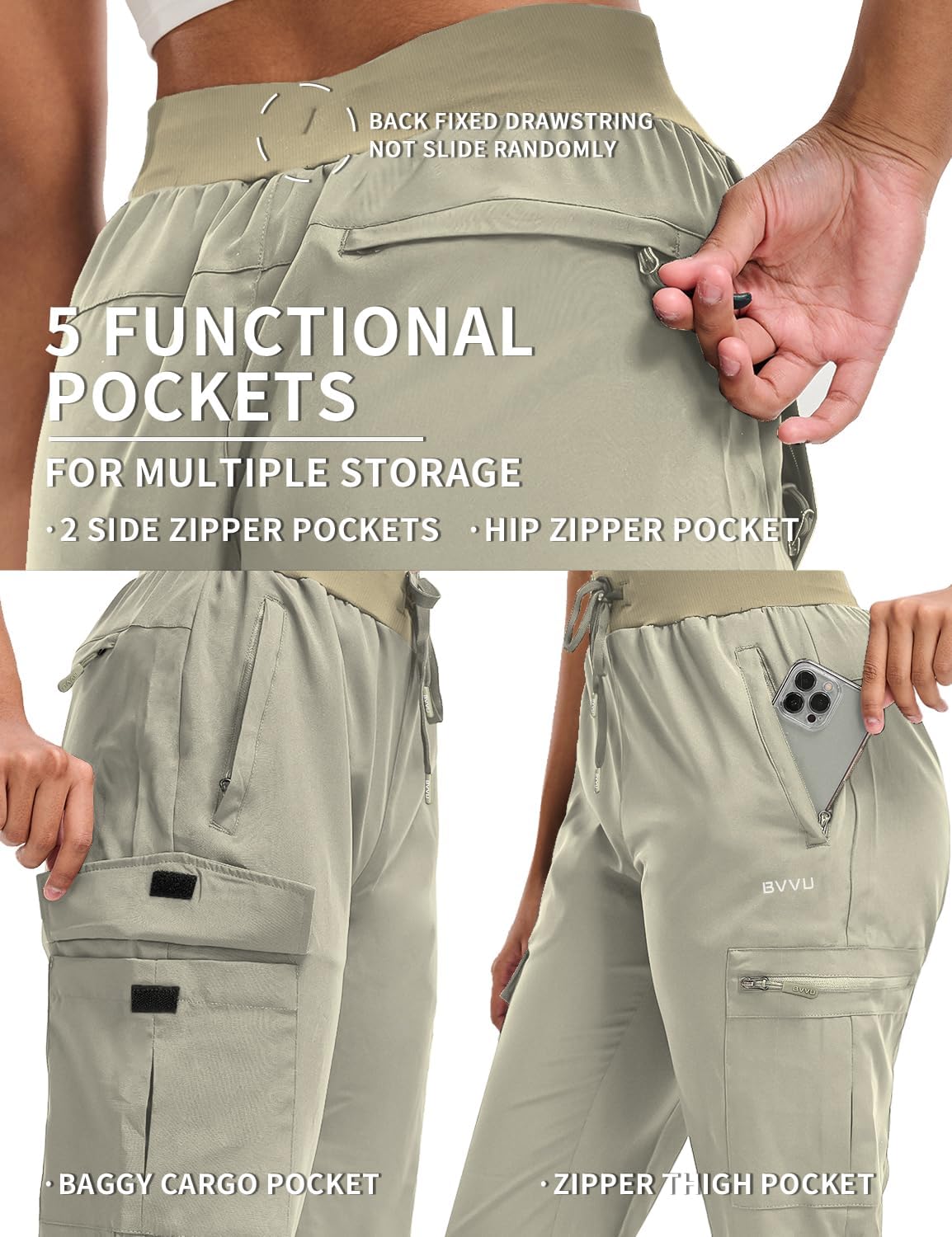 BVVU Women's Hiking Pants Lightweight Quick Dry Travel Outdoor Pants Waterproof Work Cargo Joggers with Zipper Pockets