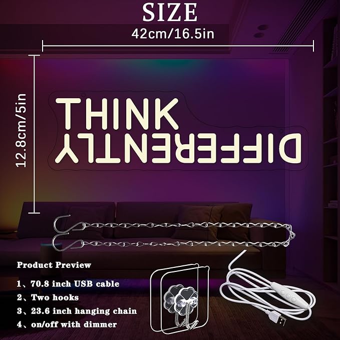 Think Differently Neon Sign for Wall Decor Letter Neon Light Classroom LED Neon Signs Classroom LED Neon Light for Classroom Office Study Room Library Bedroom Decoration