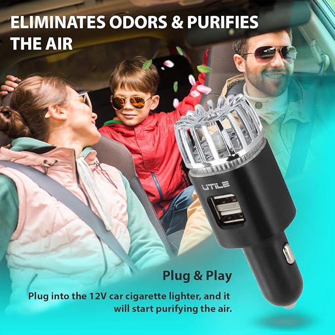 UTILE Car Ionizer Odor Eliminator Purifier with Dual USB Car Charger – Ionic Air Freshener| 2.1A/0.8W USB Charging for Phone, Tablet and Other Devices (Copper, Pack of 1)
