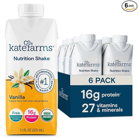 Kate Farms Organic Nutrition Shake, Vanilla, 16g Protein, 27 Vitamins and Minerals, Meal Replacement, 11 oz, 6 Pack-FlexoryFit