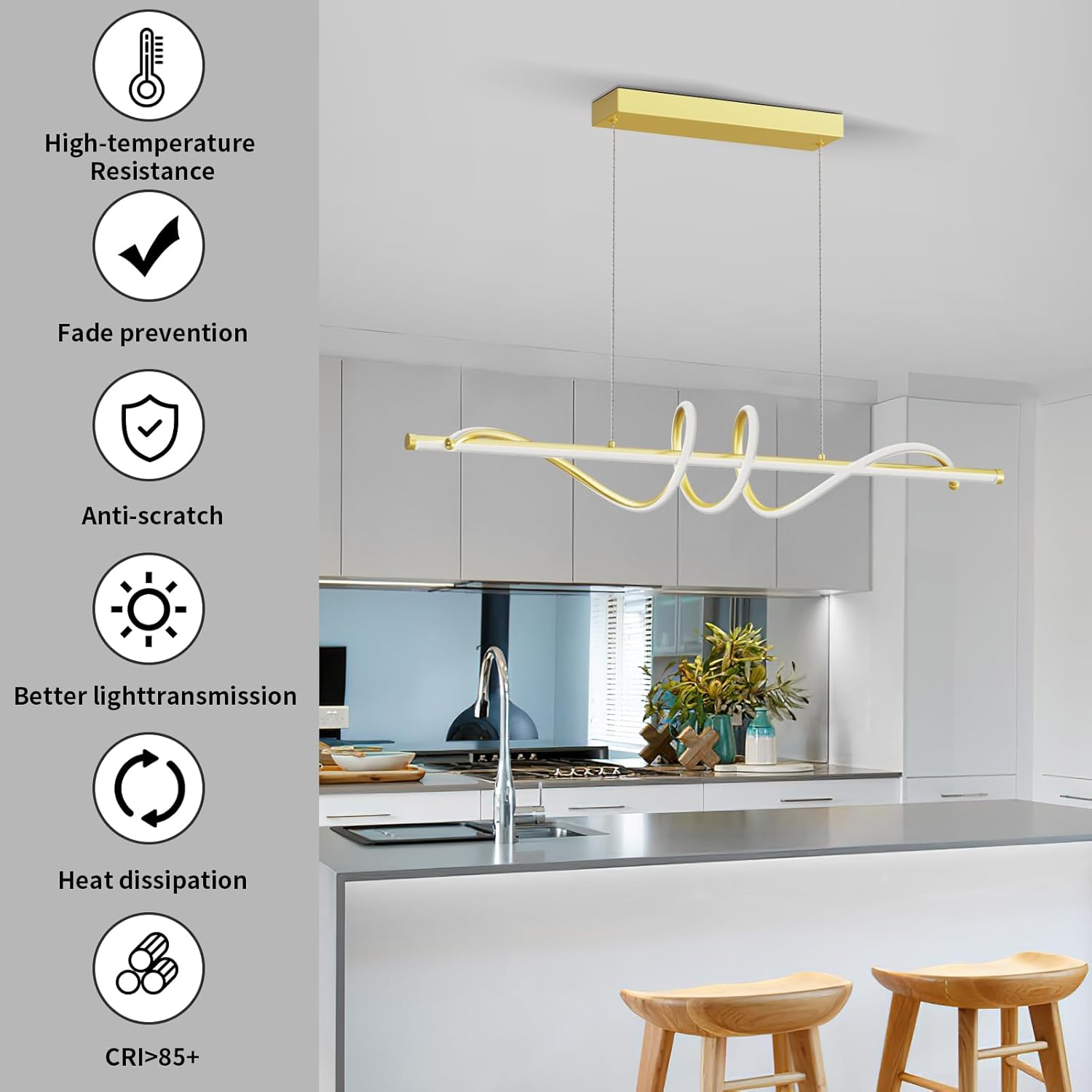 Modern LED Pendant Lights, 39in Gold Chandelier Dimmable with Remote Control 3000k-6000K Adjustable Color Temperature, Aluminum Island Lighting Lamp Fixture for Kitchen, Dining Room