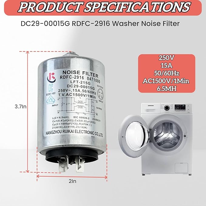 OEM DC29-00015G RDFC-2916 Washer Noise Filter LFT-215G DC29-00015K fit for Samsung Washer/Dryer Replace DC29-00009A, 0471000, 4958772, AP6975221 PS12740232, EAP12740232 250V 15A