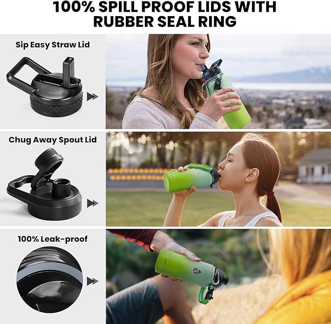 Insulated Water Bottle 32 oz, Triple Wall Vacuum Stainless Steel (Cold for 48 Hrs), Leak Proof & Non-BPA, Modern Water Flask Jug with Paracord Handle & Straw Spout Lids, Ombre Green-FlexoryFit