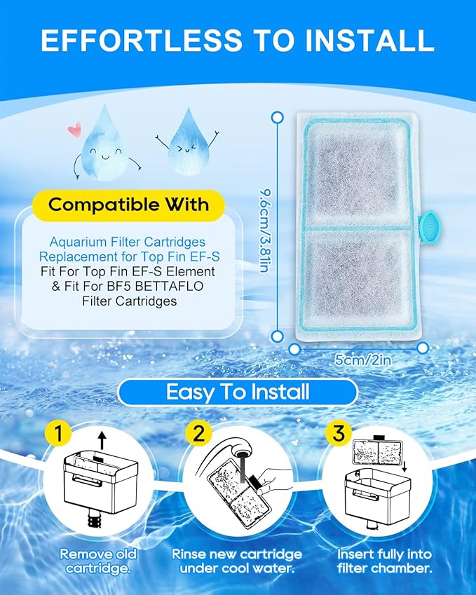 12 Pack Aquarium Filter Cartridge Compatible with Top Fin EF-S Filter Cartridges, EF-S Fish Tank Filters for BF5 BETTAFLO, Upgraded Fish Filters Compatible with Top Fin Replacement Parts