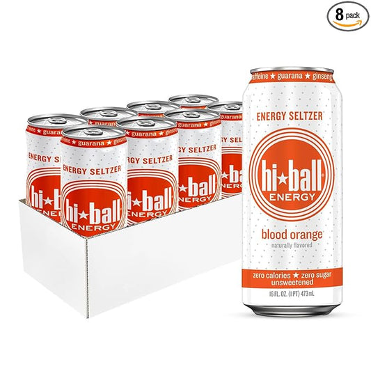Hiball Energy Seltzer Water, Caffeinated Sparkling Water Made with Vitamin B12 and Vitamin B6, Sugar Free of 16 Fl Oz(Pack of 8), Blood Orange-FlexoryFit