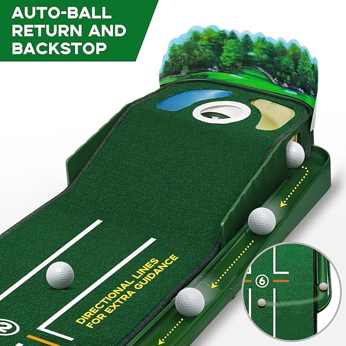 Golf Putting Mat Putting Green Indoor & Outdoor with Ball Return and 3 Holes Improve Accuracy and Speed Durable Wrinkle-Resistant Velvet Crystal Mat Golf Accessories for Men