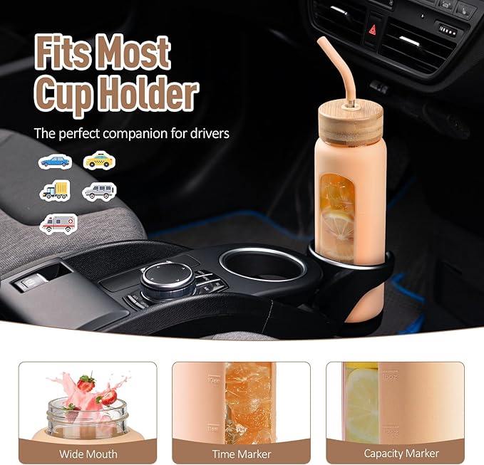 Kodrine Water Bottle with Straw, 24 oz Glass water Bottle with 2 Lids Bamboo Straw Lid and Spout Lid with Handle, 32 oz Clear Water Bottle Glass for Sports Travel, Waterbottle with Time Marker-FlexoryFit