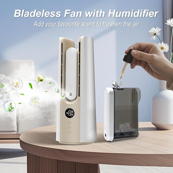Desk Fans Small Quiet with Humidifier, 14 Inch Bladeless Desk Fan with 9 Speed Adjustment, 60° Oscillating, 8 H Timer, 2 Modes Desktop Cooling Fan for Bedroom, Office, Nightstand, Sleep, White
