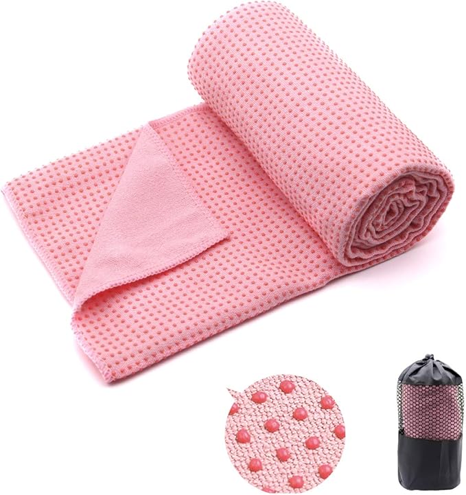 Eunzel Yoga Towel,Hot Yoga Mat Towel with Grip Dots Sweat Absorbent Non-Slip for Hot Yoga, Pilates and Workout 24" x72", Pink-FlexoryFit