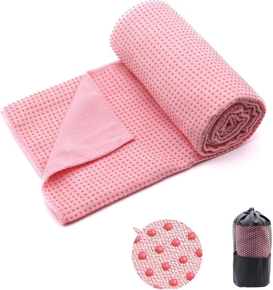 Eunzel Yoga Towel,Hot Yoga Mat Towel with Grip Dots Sweat Absorbent Non-Slip for Hot Yoga, Pilates and Workout 24" x72", Pink-FlexoryFit