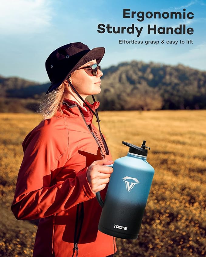 128 oz Stainless Steel Water Bottle with Handle and Carry Pouch, One Gallon Insulated Mug Tumbler with Straw Lid Spout Lid,Reusable Metal Water Bottle Jug Flask Cup,Keep Cold & Hot,Indigo Black-FlexoryFit