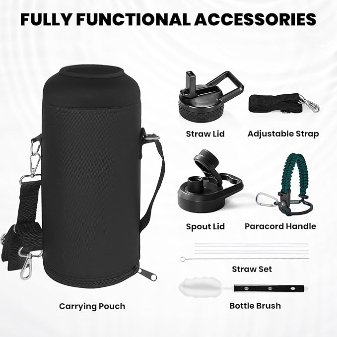 Insulated Water Bottle 87 oz, Triple Wall Vacuum Stainless Steel (Cold for 48 Hrs), Leak Proof & Non-BPA, Modern Water Flask Jug with Paracord Handle & Straw Spout Lids, Dark Green-FlexoryFit