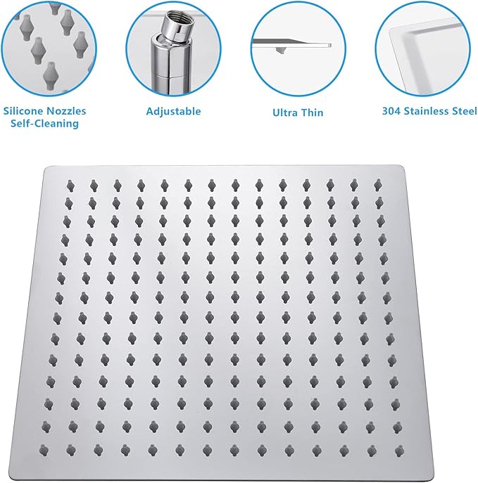 Lordear Rainfall Shower Head 10 Inch Solid Square Ultra Thin 304 Stainless Steel Polish Chrome Rain Setting Shower Heads,Waterfall Full Body Coverage with Silicone Nozzles