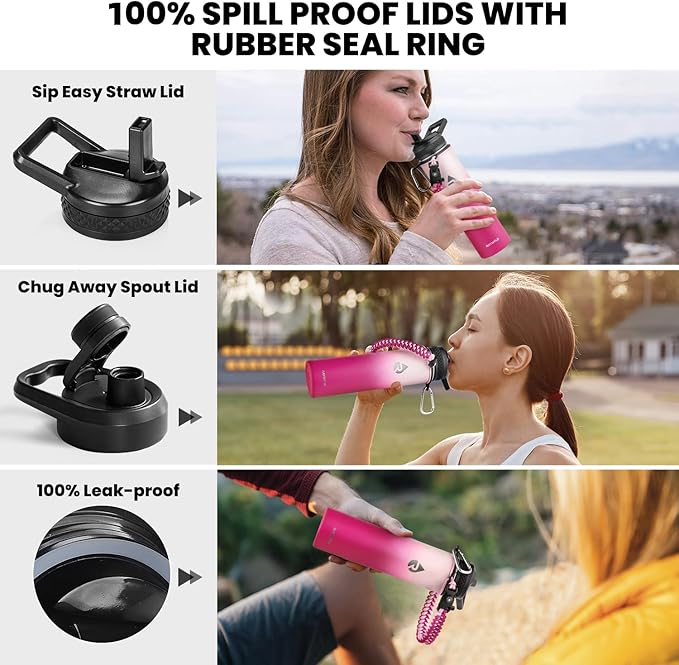 Insulated Water Bottle 24oz, Triple Wall Vacuum Stainless Steel (Cold for 48 Hrs, Hot for 24Hrs), Leak Proof & Non-BPA, 24oz Hydro Water Flask with Paracord Handle & Straw Spout Lids-FlexoryFit
