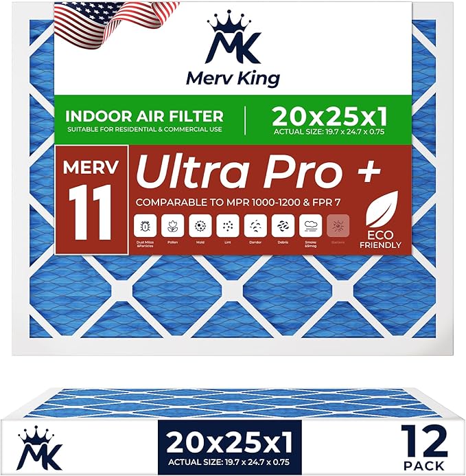 MervKing 20x25x1 Air Filter Actual Size: 19.7" x 24.7" x 0.75" MERV 11 MPR 1000-1200 | MADE IN USA | 12-Pack | Pleated HVAC AC Furnace Replacement