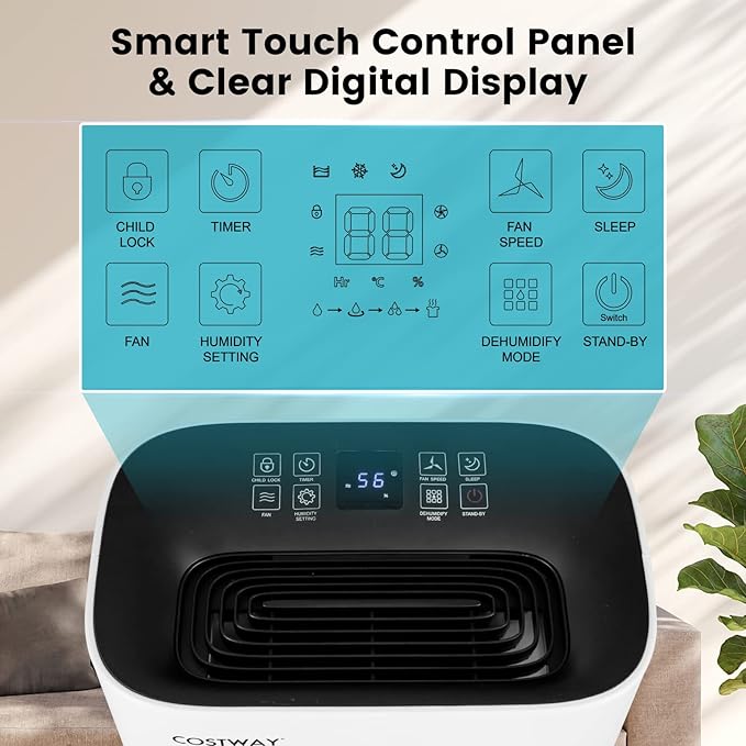 COSTWAY 73 Pint Dehumidifier for Basement, 4500 Sq. Ft Home Dehumidifier with 5 Modes, 3-Color Indicator Light, 1.7 Gallon Water Tank
