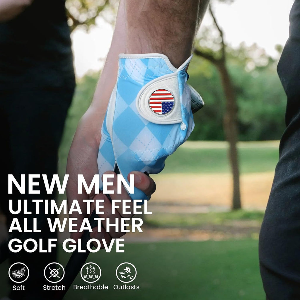 FINGER TEN Golf Gloves Men Left Hand Right with Ball Marker USA Flag Blue Camo Plaid Pack, Mens Leather Golf Glove All Weather Grip Small Medium ML Large XL