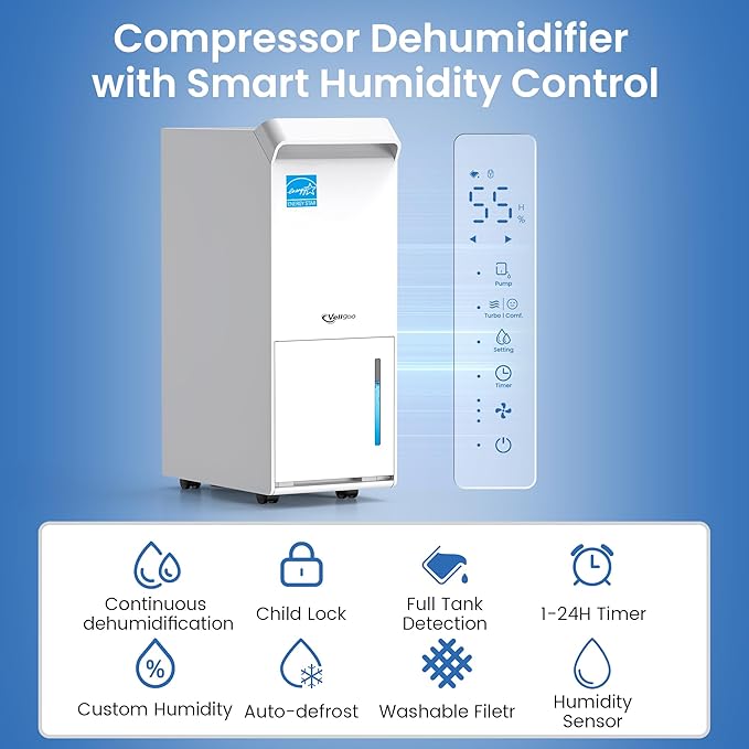 3,500 Sq.Ft Most Efficient Energy Star 2024 Dehumidifier with Pump, Vellgoo Max 60 Pint/D (Standard 35 Pint/D) Compressor Dehumidifier for Basement with Drain Hose, Intelligent Humidity Control