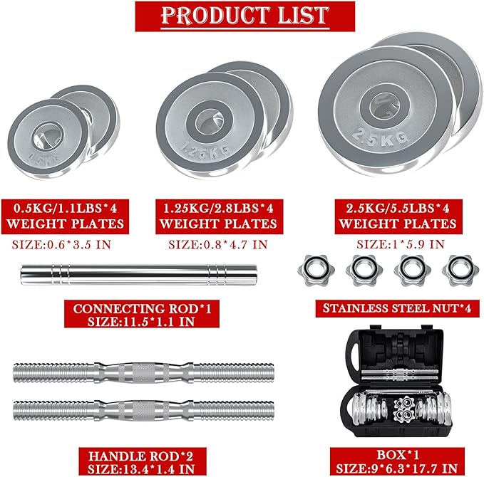 VIVITORY Fitness Dumbbells Set, Adjustable Weight Sets up to 11/22/44/66/110 lbs, with Metal Connecting Rod Used As Barbell, Chromed Weights, Hardcover Gift Box, Home Gym Work Out Training Equipment-FlexoryFit