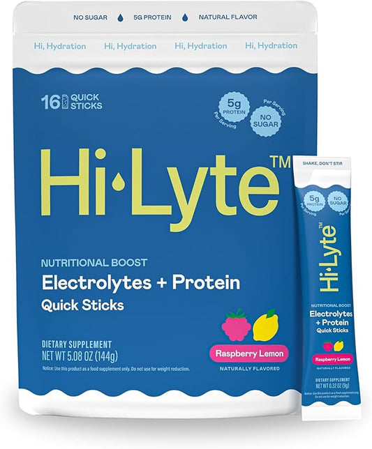 Hi-Lyte Nutritional Boost - Electrolytes + Protein Quick Sticks - Raspberry Lemon - Hydration + Whey Protein Powder Packets - 5g Protein, Electrolytes, No Sugar, Keto Friendly-FlexoryFit