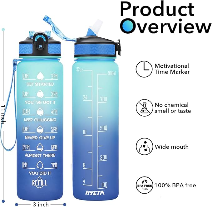 Hyeta 32 oz Water Bottles with Times to Drink and Straw, Motivational Water Bottle with Time Marker, Leakproof, Drinking Sports Water Bottle for Fitness, Gym and Outdoor-FlexoryFit