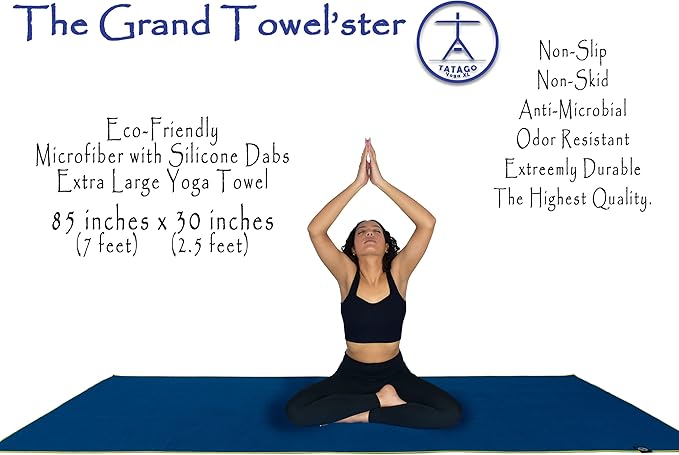 Tatago Hot Yoga Mat Towel Non Slip for Hot Yoga (72-84 inch Mats) Our Hot Yoga Towel Non Slip Silicone Dabs & Absorbent Microfiber Blend Gives You More Grip As You Drip! (Azuloro, XL - 84")-FlexoryFit