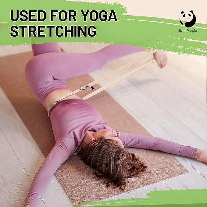 Slim Panda Yoga Strap for Stretching,Cotton Yoga Strap with Adjustable D-Ring Buckle,Non-Elastic Yoga Belt for Pilates,Gym Workouts,Physical Therapy,Improve Flexibility-FlexoryFit