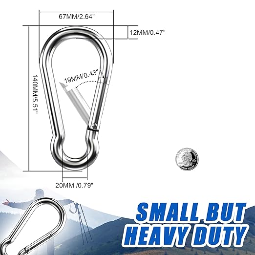 Large Carabiner Clip Hooks, 2pcs 5.5 inch Carabiners Heavy Duty, 304 Stainless Steel Spring Snap Hook Fits Camping Hanging Hiking Weight Lifting, Metal Clips for Rope or Chain