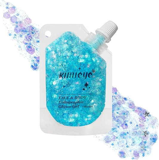 Holographic Face Glitter Gel Body Shimmer Makeup for for Hair, Face, Clavicle, Arm, Nail, Eyeshadow, Long Lasting Waterproof Mermaid Sequins Party Glitter for Rave Festival, 1.35oz (Ice Blue #4)-FlexoryFit