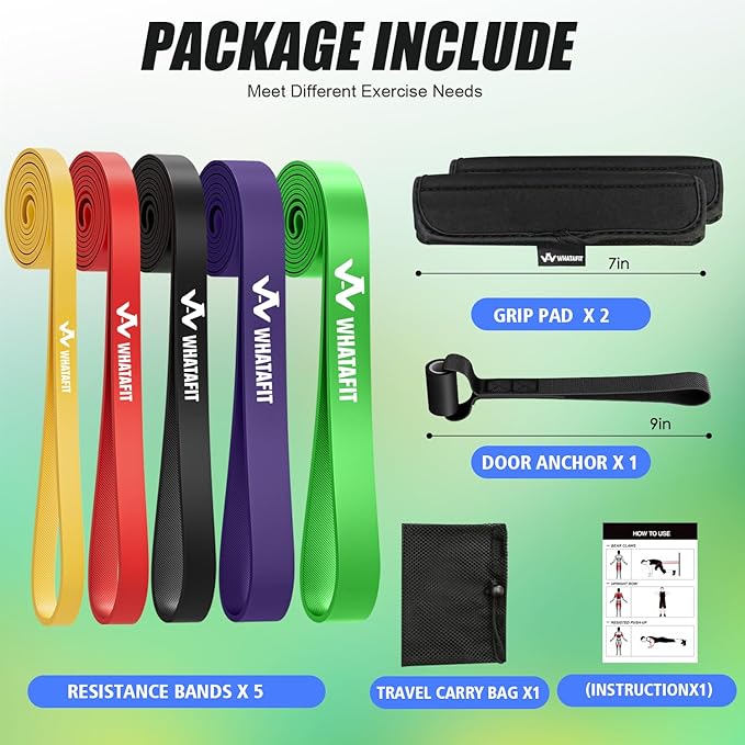 WHATAFIT Resistance Bands, Pull Up Assistance Bands, Exercise Bands, Workout Bands Set for Men and Women Home Fitness, Body Stretching, Strength Training, Physical Therapy-FlexoryFit