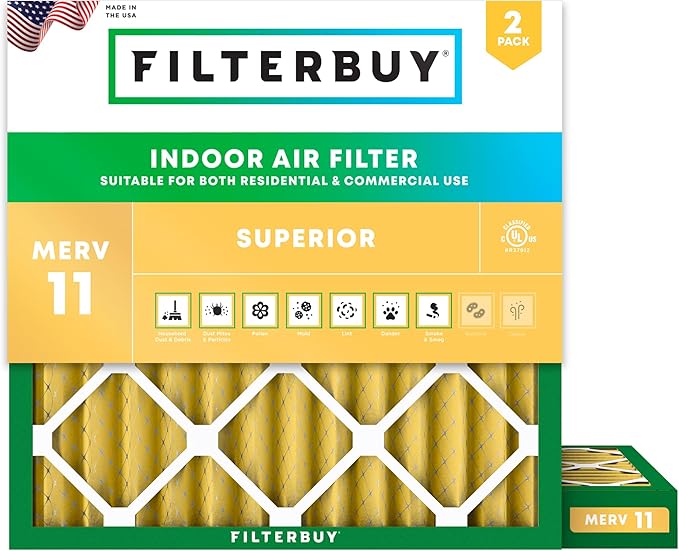 Filterbuy 25x25x2 Air Filter MERV 11 (MPR 1200) Allergen Defense Replacement (2-Pack), Electrostatic Pleated HVAC AC Furnace Filters, Made in USA (Actual Size: 24.50 x 24.50 x 1.75)