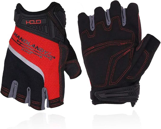 'HANDLANDY Fingerless Work Gloves for Men and Women Utility Padded Half Finger Driving Working Gloves (Small, Red)-FlexoryFit