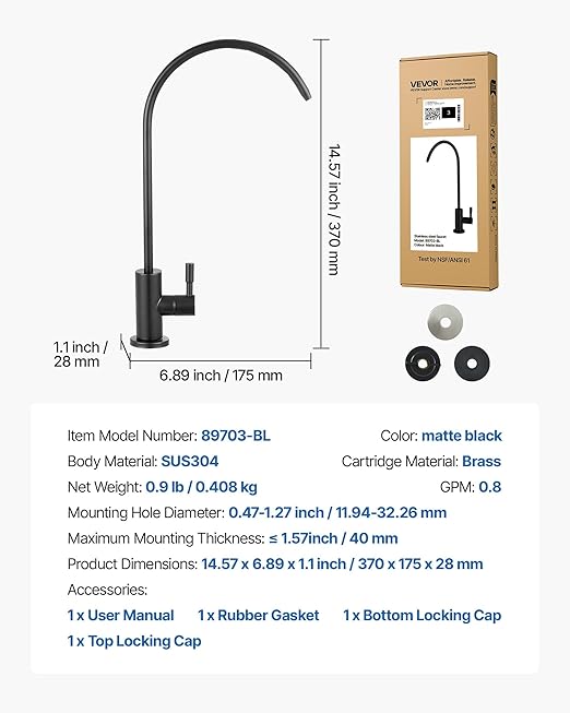 VEVOR Water Filter Faucet, RO Faucet with Lead-Free Brass Valve, 304 Stainless Steel, 0.8GPM Drinking Water Faucet Fits Most Reverse Osmosis & Filtration System, Kitchen Filtered Water Tap, Black