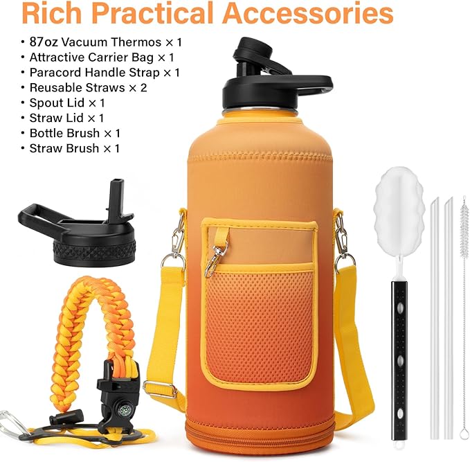 Insulated Water Bottle | Thickened Stainless Steel for Gym and Hiking with Straw, Carrier Bag, Handle Strap | BPA-Free 87 oz-FlexoryFit