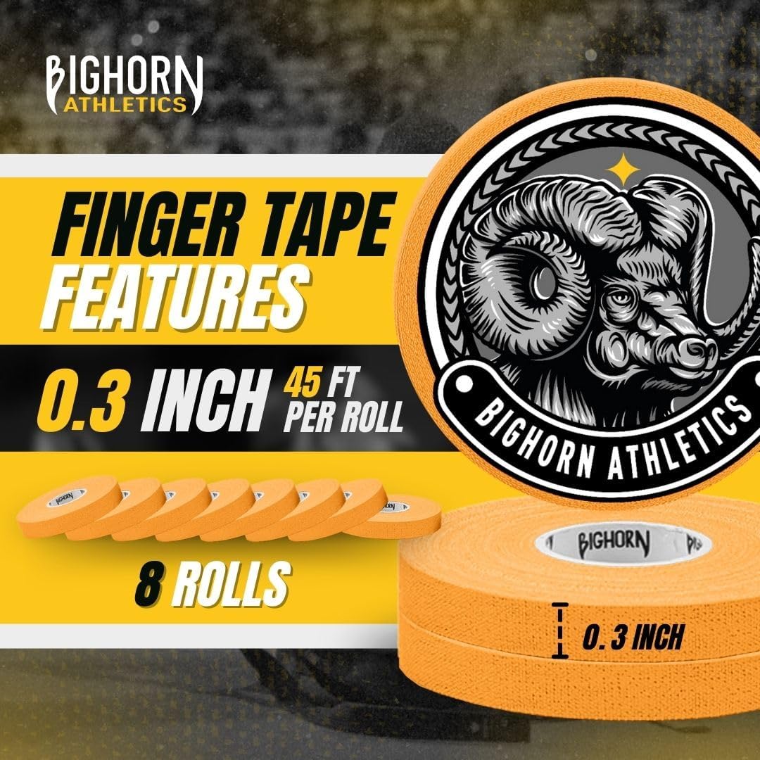 Bighorn Athletics Jiu Jitsu Finger Tape | Residue-Free Athletic Finger Tape for Sports & Injuries: Rock Climbing, Volleyball, Football, Basketball, Hands & Toes | 0.3-Inch x 45-feet, 8-Rolls, Orange