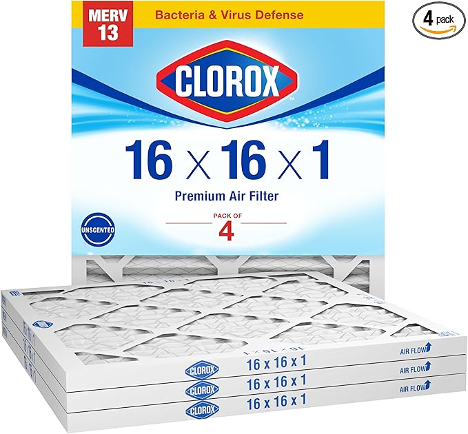 Clorox Air Filters 16x16x1 Furnace Filter, MERV 13 Pleated HVAC AC Furnace Air Filters, MPR 1500 & FPR 10 – Pack of 4