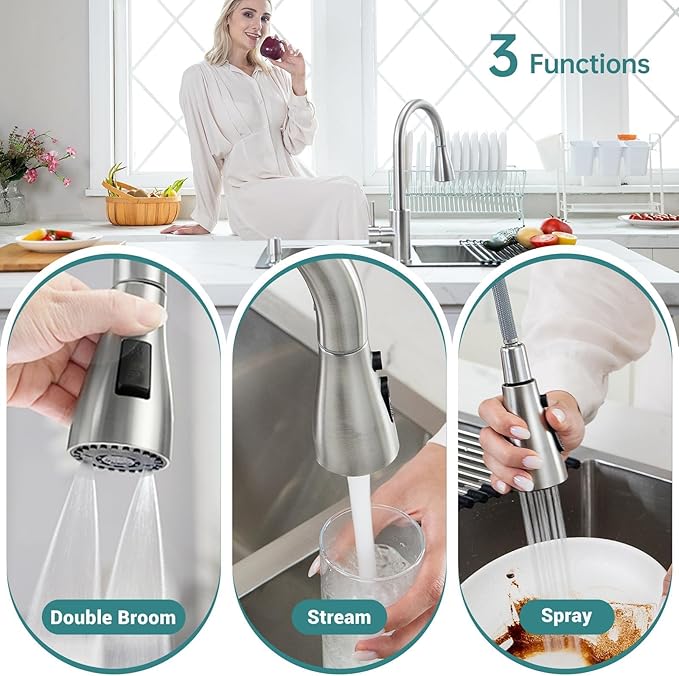 APPASO Kitchen Faucet with Soap Dispenser, Pull Down Sprayer 3 Modes, Brushed Nickel High Arc Single Handle Gooseneck Stainless Steel Sink Faucets for Kitchen Farmhouse RV Laundry Camper