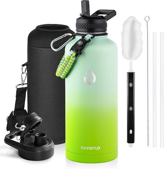 Insulated Water Bottle 87 oz, Triple Wall Vacuum Stainless Steel (Cold for 48 Hrs), Leak Proof & Non-BPA, Modern Water Flask Jug with Paracord Handle & Straw Spout Lids, Ombre Green-FlexoryFit
