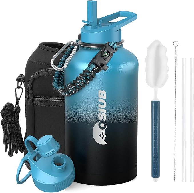 Insulated Water Bottle 64 oz, Triple Wall Vacuum Stainless Steel(Cold for 48 Hrs),Leak Proof & BPA-Free,Half Gallon Water Bottle with Reflective Paracord & Flip Straw for Sports & Travel, Indigo-Black-FlexoryFit