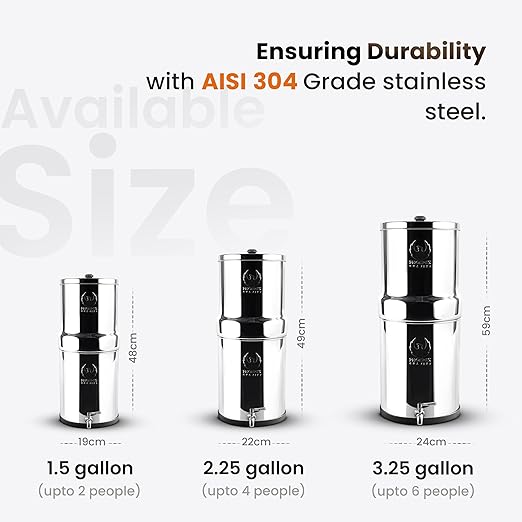 3.25 Gallons NSF Certified AISI 304 Stainless Steel Water Filter with 2 Smart Carbon (Black) Filters, 2 POSTreat Steel Fluoride Removal Elements, Free Steel Stand & Water Spigot
