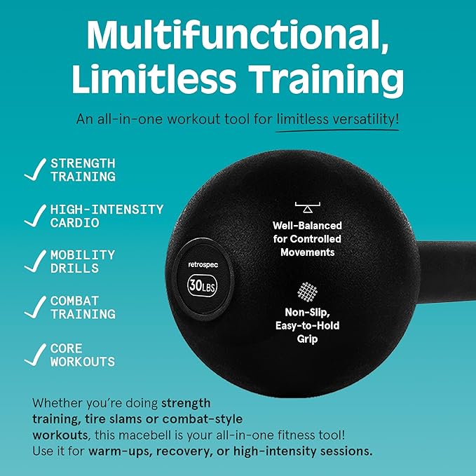 Retrospec Revolve Steel Macebell for Strength Training, Rehabilitation, Stretching, Conditioning and Rotational Training - 5, 7, 10, 15, 20, 30lb Options for Women & Men-FlexoryFit