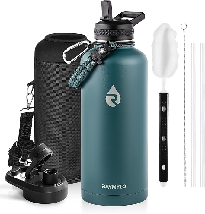 Insulated Water Bottle 87 oz, Triple Wall Vacuum Stainless Steel (Cold for 48 Hrs), Leak Proof & Non-BPA, Modern Water Flask Jug with Paracord Handle & Straw Spout Lids, Dark Green-FlexoryFit